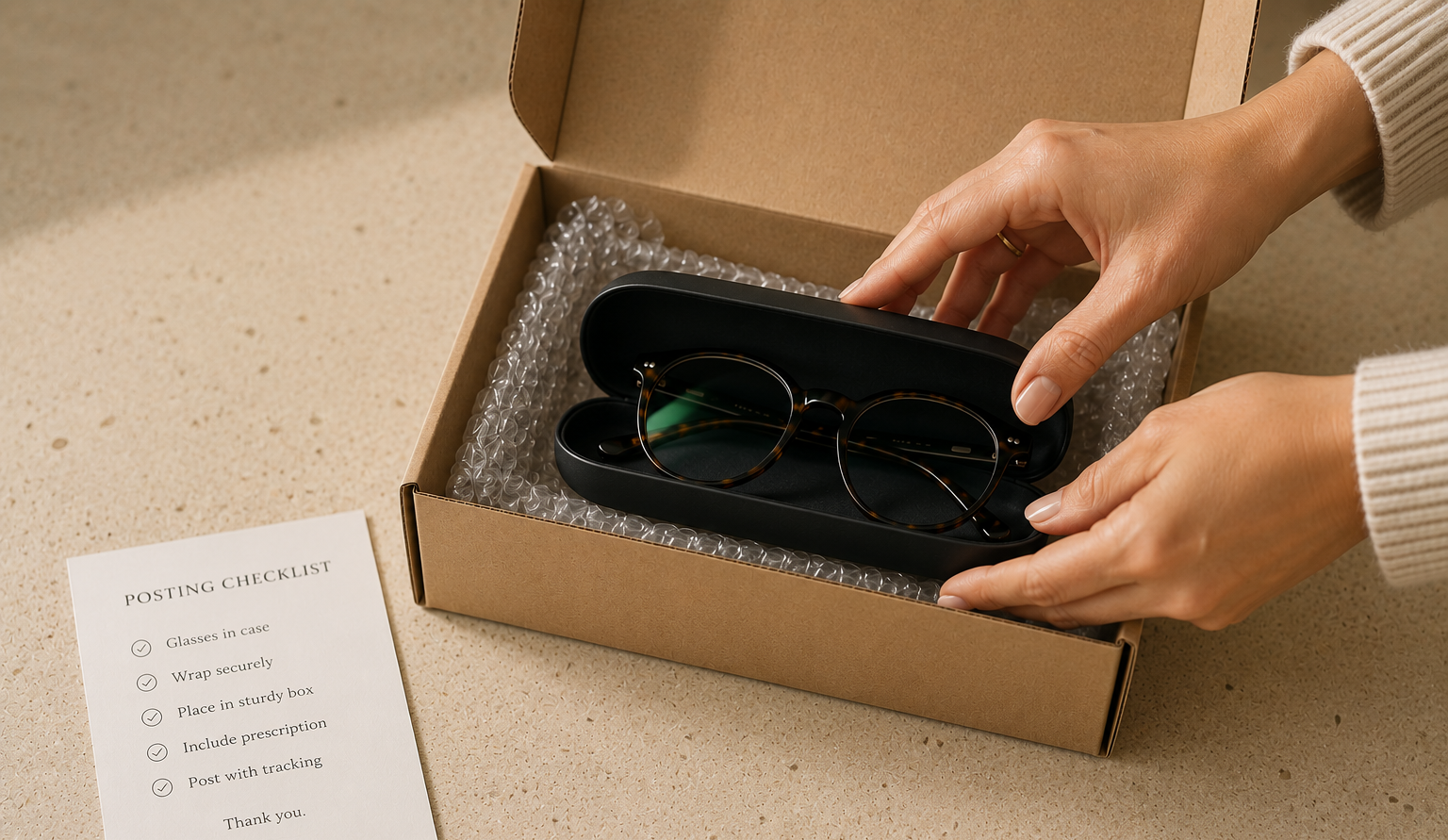 Glasses securely packed for posting