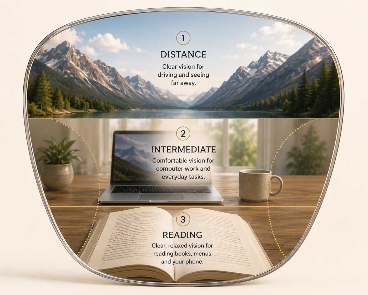 Varifocal lens showing distance, intermediate and reading zones