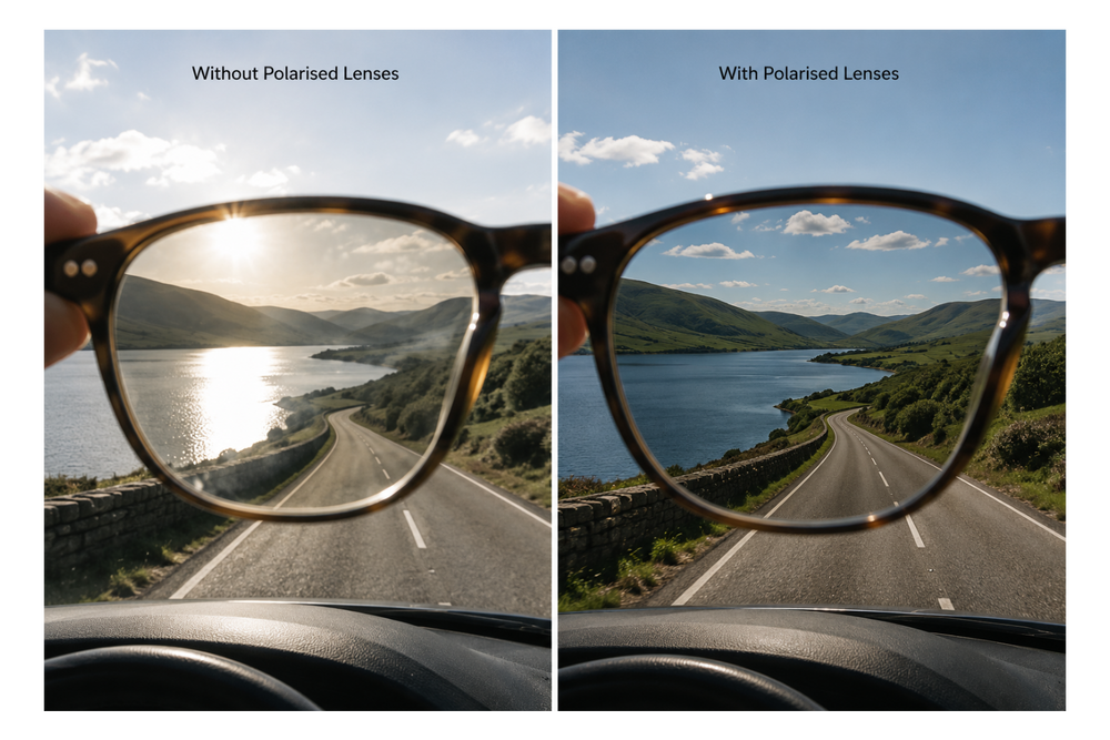 Polarised bifocal sunglasses reducing reflected glare