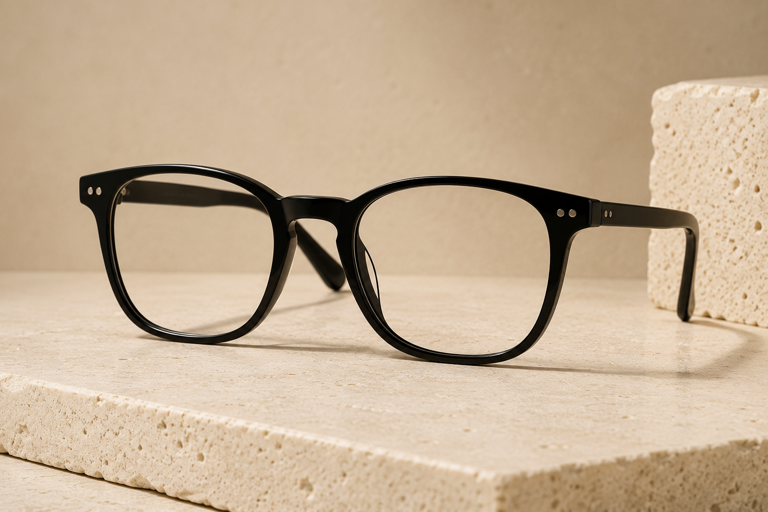 Spectacles and replacement lenses photographed on warm stone