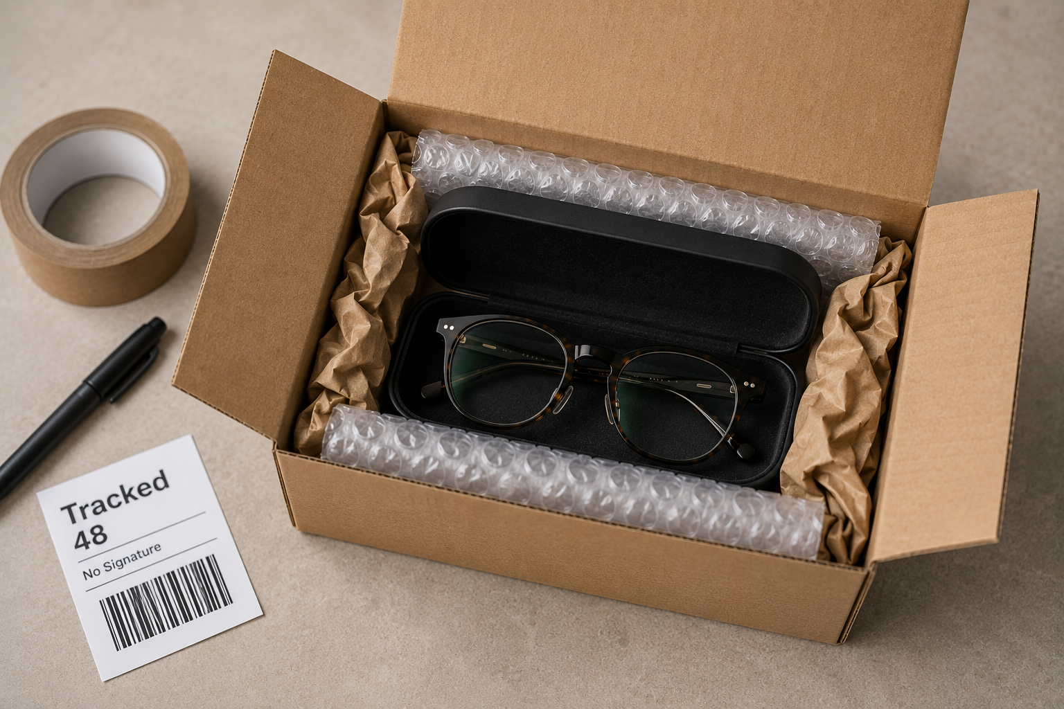 Glasses packed securely for posting